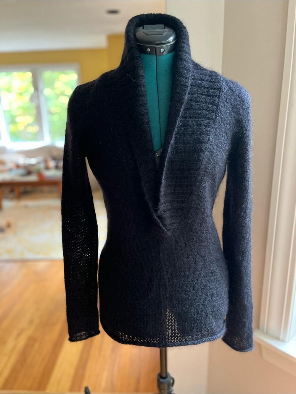 Theory Black Shawl Collar V-Neck Sweater